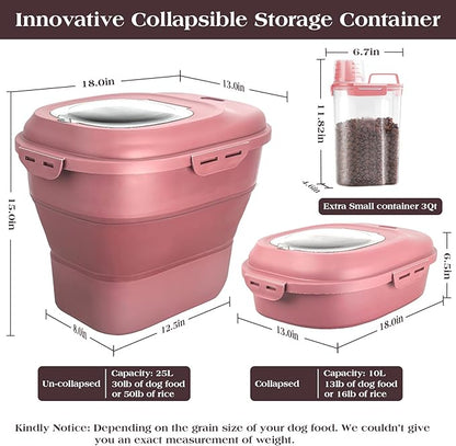 Dog Food Storage Container, Airtight Collapsible 13lb to 30lb Pet Food Container with Flip Top, Rolling Wheel, Scoop and a small container for Dog Cat Food and Dry Food of Rice, Flour