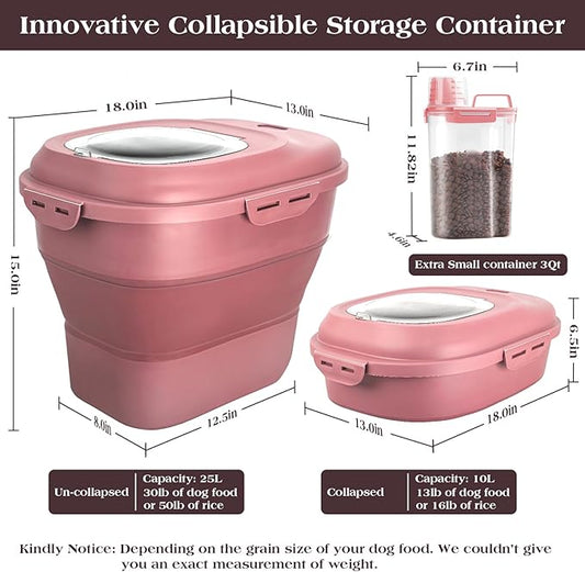 Dog Food Storage Container, Airtight Collapsible 13lb to 30lb Pet Food Container with Flip Top, Rolling Wheel, Scoop and a small container for Dog Cat Food and Dry Food of Rice, Flour