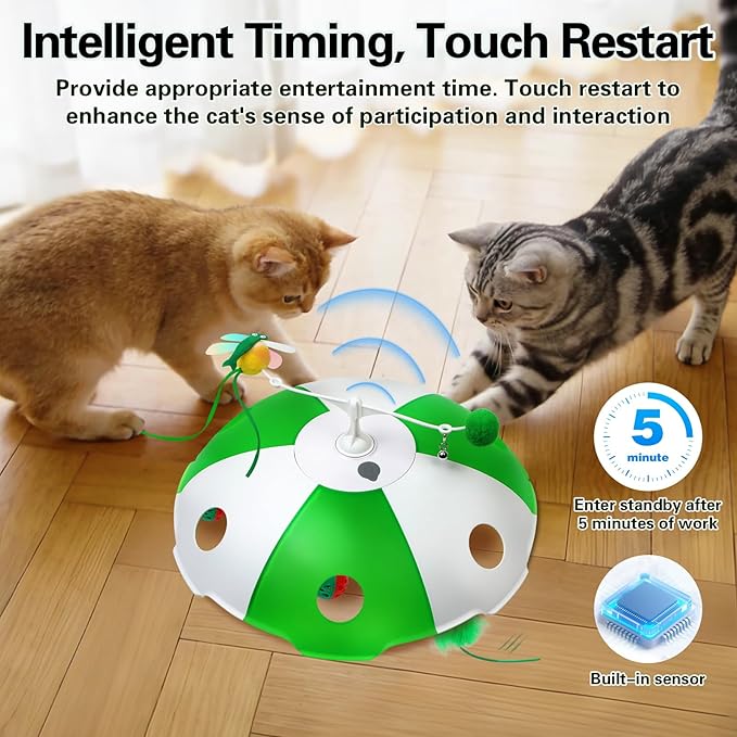 Cat Toys Rechargeable, Interactive Cat Toys for Indoor Cats, Touch Activated, Moving Feather, Bird Chirping, 6 Holes Maze Mouse Catching Game