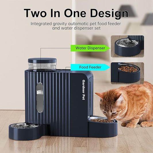 Gardner Pet Gravity Cat Food Feeder and Water Dispenser Stainless Steel Bowls Two-in-One Set Large Capacity Automatic Feeder for Pets Dogs, Puppies, Kittens-(0.8 Gallons x 2)