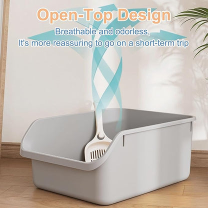 Cat Litter Box with High Sides Anti-Splashing for Indoor Cats Low Entry Kitty Litter Boxes (Grey)