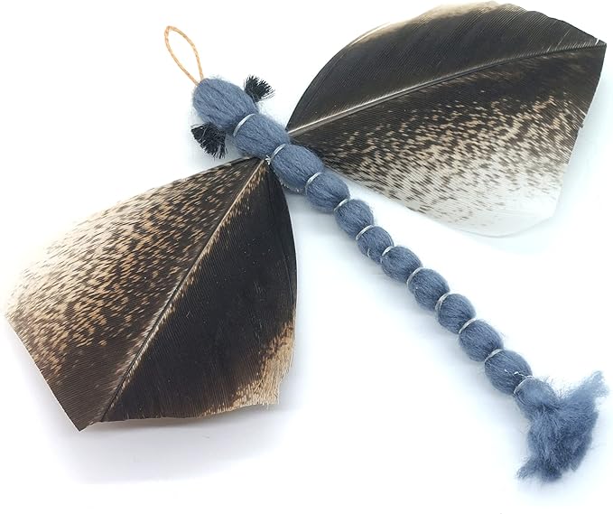 3 Inch Handmade Cat Toy Teaser Wand Refill Turkey Dragonfly - Blue with Feathers Natural Material Toy, Hunting Instinct Play, Interactive Exercise Attachment for Indoor Cats