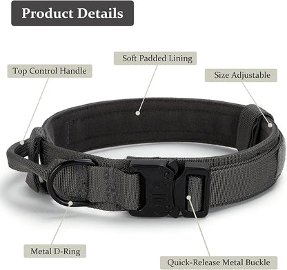 Tactical Dog Collar, Adjustable Military Training Nylon Dog Collar with Control Handle and Heavy Quick-Release Metal Buckle for Small Medium Large Dogs, Grey XL