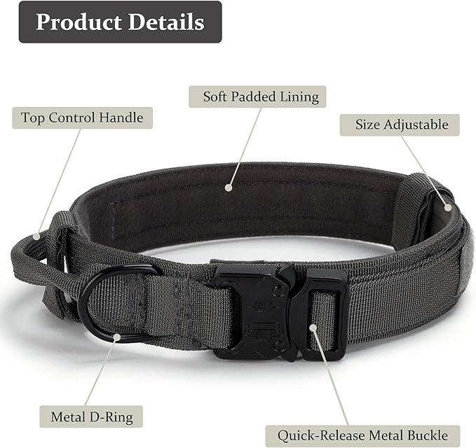 Tactical Dog Collar, Adjustable Military Training Nylon Dog Collar with Control Handle and Heavy Quick-Release Metal Buckle for Small Medium Large Dogs, Grey S