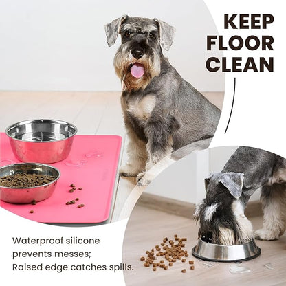 VIVAGLORY Dog Food Mat Flexmat Dog Bowl Mat, Placemat Food Tray with Raised Edges & Lip for Indoor Floor, Non Slip Waterproof Silicone Dish Placemat for Cat & Pet, L, Pink