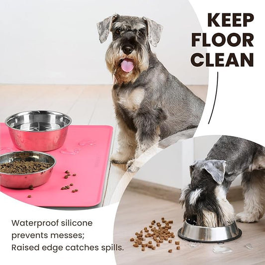 VIVAGLORY Dog Food Mat Flexmat Dog Bowl Mat, Placemat Food Tray with Raised Edges & Lip for Indoor Floor, Non Slip Waterproof Silicone Dish Placemat for Cat & Pet, L, Pink