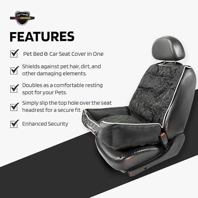 Seat Armour PetBed2Go Black - Car Pet Bed and Seat Cover – Soft, Portable Pet Cushion for Travel – Protects Vehicle Seats from Fur, Dirt & Scratches