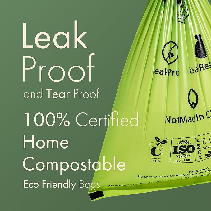 (Not Made In China) 100% Certified Home Compostable Dog and Cat Poop Bags, 300 Count, Plant Based Refill Rolls, Leakproof Doggie Waste Bag, Unscented, Corn Starch and PBAT, 100% Home and TUV Certified