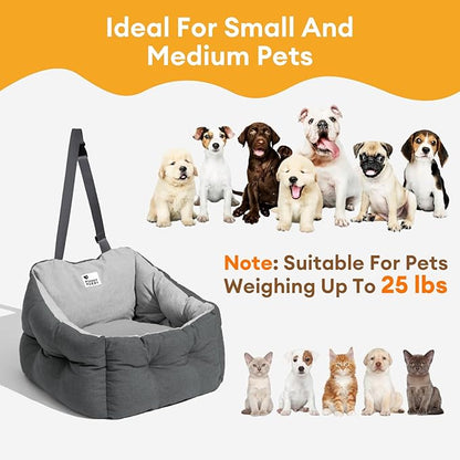 FUNNY FUZZY Dog Car Booster Seat for Small/Medium Dogs Up to 39lbs – Waterproof Fabric, Non-Slip Base, Safety Leash, Fully Detachable & Machine Washable Cover (Gray)