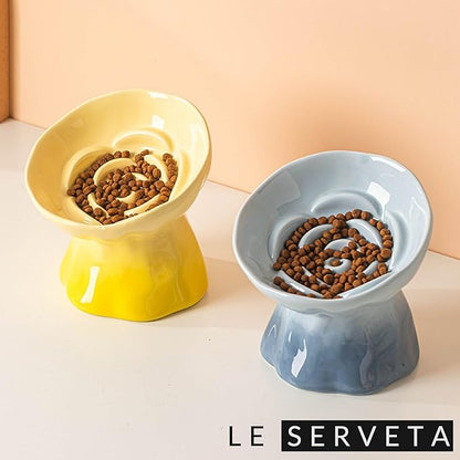 Elevated Ceramic Cat Bowl, Tilted Slow Feeder Pet Dish with Gradient Color Coating, 3.3 Ounces Capacity, Anti-Gulping Design with Rose Bouquet Design (Gradient Yellow)