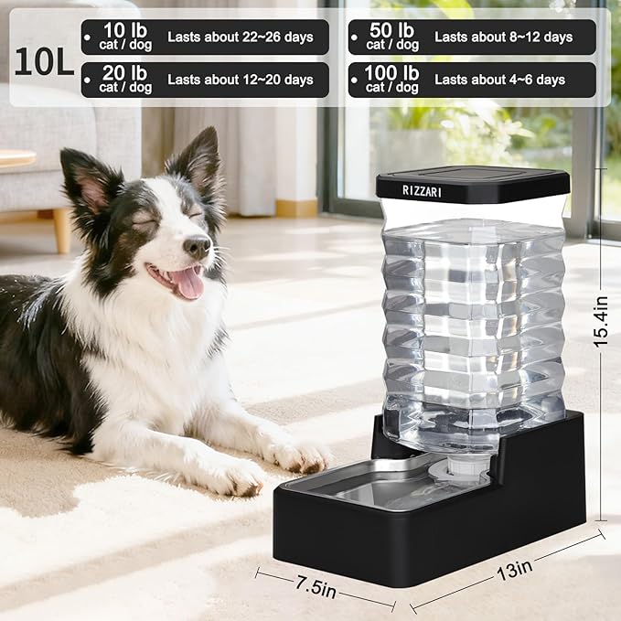 RIZZARI Stainless Steel Pet Water Dispenser: 10L Large Gravity Waterer - Splash-Resistant - Leak-Proof Auto Refill - Easy Clean - for Large Dogs - Living Room/Crate Area/Mudroom