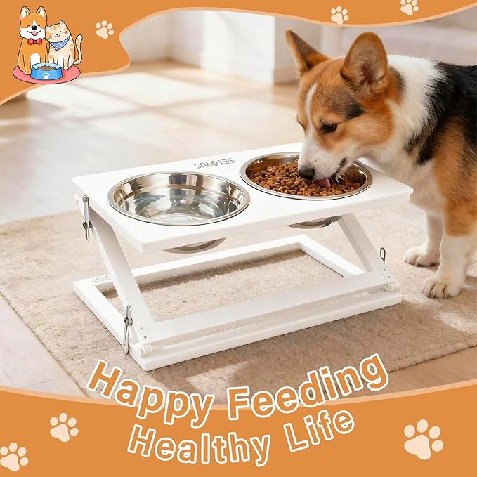 Elevated Dog Bowls for Large Medium Dogs, 3 Heights Adjustable Raised Dog Bowl Stand with 2 Stainless Steel Food Bowls 20°Tilted Elevated Easy to Clean Water Bowl (White, Large)
