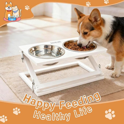 Elevated Dog Bowls for Large Medium Dogs, 3 Heights Adjustable Raised Dog Bowl Stand with 2 Stainless Steel Food Bowls 20°Tilted Elevated Easy to Clean Water Bowl (White, Large)
