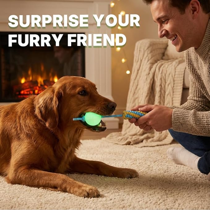Tug of War Rope Dog Toy - Glow in the Dark Dog Chew Toy with Glowing Squeaky Ball, Pet Interactive Pull Fetch Toys, Teeth Cleaning Chew Toys