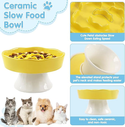 Raised Slow Feeder Cat Bowl, Ceramic Elevated Cats Food Bowl Small Cats Slow Feeder, Cute Cat Dish for Anti Vomiting for Dry and Wet Food (Yellow, 6 Inch)