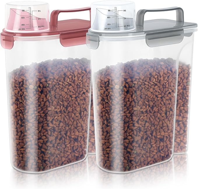 5-7Lbs Dog Cat Food Storage Container with Upgraded Large Nozzle BPA-free, 4 Snap Seals Plastic Pet Food Storage Containers with Handles (Claer(Pink+Grey), 5L-2pack)