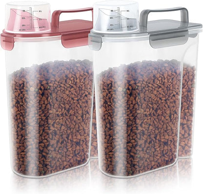 5-7Lbs Dog Cat Food Storage Container with Upgraded Large Nozzle BPA-free, 4 Snap Seals Plastic Pet Food Storage Containers with Handles (Claer(Pink+Grey), 5L-2pack)