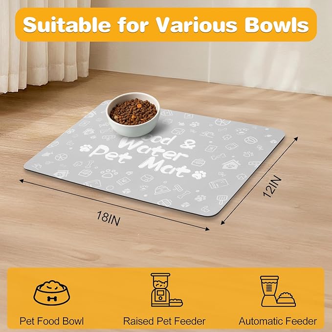 Pet Feeding Mat,Dog Cat Mat for Food and Water,Dog Bowl Waterproof Placemat with Rubber Backing,Absorbent Quick Dry Water Dispenser Mat for Pet（Light Gray 12"×18"）