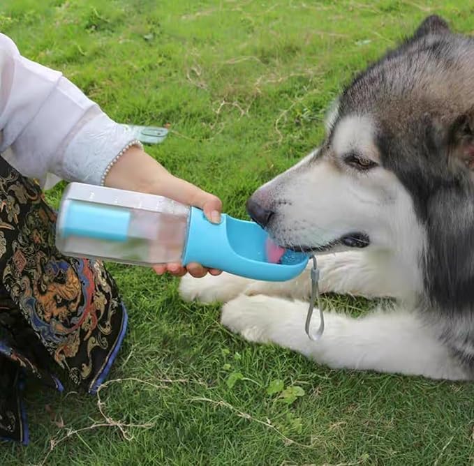 Three-in-One Pet Water Bottle and Food Container, Blue, Leak-Proof Design with Waste Bag Dispenser, 300ml Water, 100g Food Capacity (Blue)