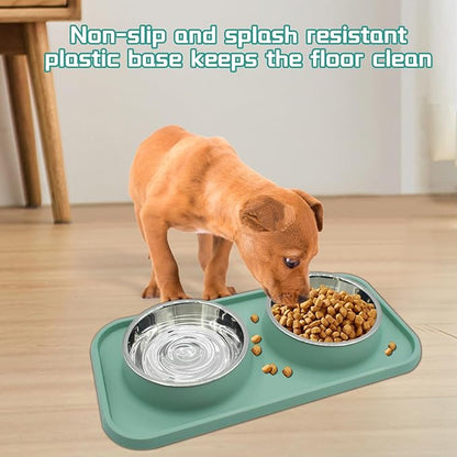Double Dog Food Bowls Stainless Steel with No Spill Non Skid Silicone Mat Removable Dog Water and Food Bowls Set Durable Feeding for Small Dogs Puppy Cat Kitten(Blue)