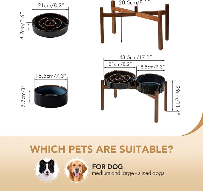 Ceramic 1.6 Cup Raised Slow Feeder Dog Bowl Set, Elevated 7.3inch Bowl and 8.2inch Dish with Acacia Wood Stand for Medium and Large Dog(Starry Sky)