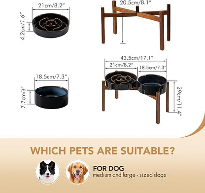 Ceramic 1.6 Cup Raised Slow Feeder Dog Bowl Set, Elevated 7.3inch Bowl and 8.2inch Dish with Acacia Wood Stand for Medium and Large Dog(Starry Sky)