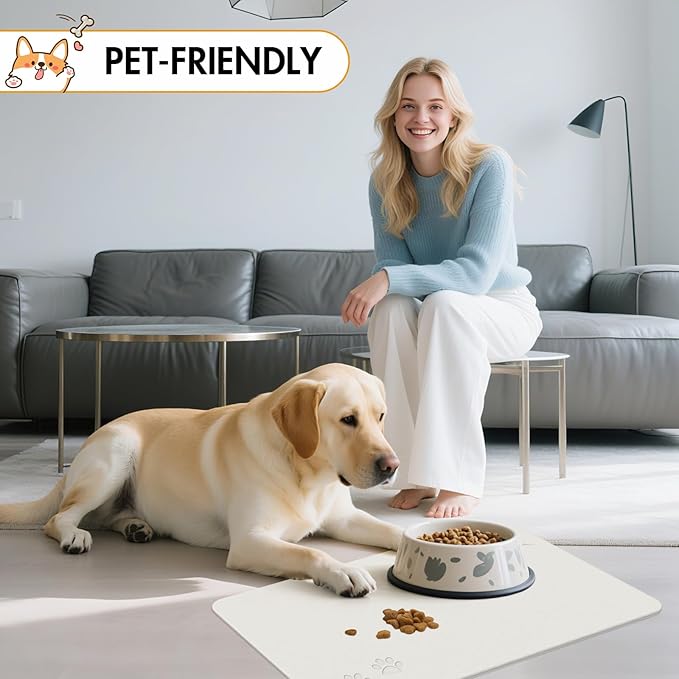 Newest Diatomite Stone Pet Feeding Mat for Dog&Cat–Super Absorbent Diatomite Fast Drying Stone Dog Food Mat, Quick Dry Dog Mats for Food and Water with Non-Slip Pad (24×16'', Off White, Square)
