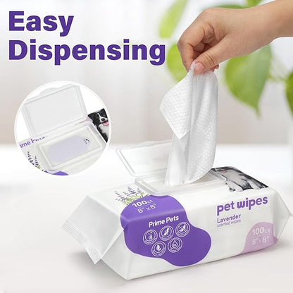 Prime Pets Dog Wipes for Paws and Butt, 100 Count, 8" x 8" Hypoallergenic Pet Wipes for Dogs Cats Cleaning Deodorizing, Lavender Scented, Thick Puppy Wipes for Ears, Eyes, Body and Teeth