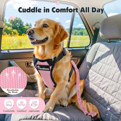 Pawaboo Dog Seat Belt Harness for Car, Dog Car Harness Seatbelt with Double Clips, Adjustable Breathable Pet Vest & Dogs Safety Tether with Elastic Bungee for Small Medium Large Pet, XXL, Pink + Black
