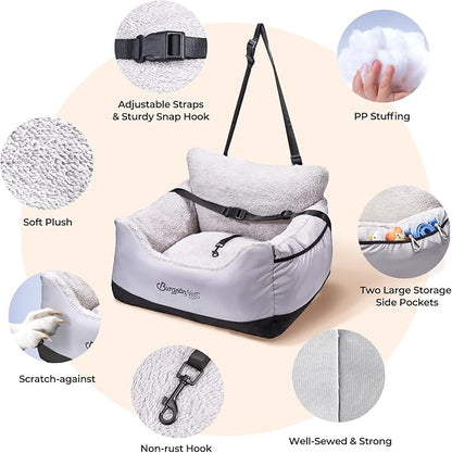 BurgeonNest Dog Car Seat for Small Dogs, Detachable and Washable Cat Carseats Under 25 lbs, Soft Pet Booster Seats with Storage Pockets and Clip-On Leash Portable Car Travel Carrier Bed, Black Grey