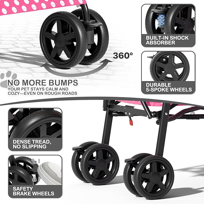 MoNiBloom 4 Wheels Pet Stroller, Easy-Fold Umbrella Shaped Dog Cat Jogger Stroller w/Storage Bag & Visible Mesh for Small/Medium Dogs Cats Hot Pink Polka Dots