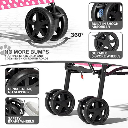 MoNiBloom 4 Wheels Pet Stroller, Easy-Fold Umbrella Shaped Dog Cat Jogger Stroller w/Storage Bag & Visible Mesh for Small/Medium Dogs Cats Hot Pink Polka Dots