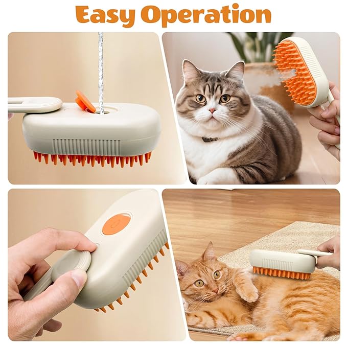 4 in 1 Cat Steam Brush for Shedding with Foldable Handle, Pet Hair Cleaning Brush Comb Anti-Static Pet Grooming Tool for Cats and Dogs Steam,Massage,Cleaning,Shedding & Combing (White)