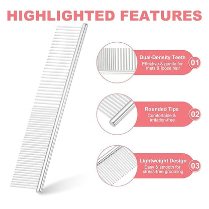 Dog Cat Comb, Pet Combs Stainless Steel Teeth with Rounded Ends for Knots Mats Loose Hair Removal, 6.5/7.5IN (Silver, 2 Pack), Grooming Tool Intended for Long Curly Hair Pet