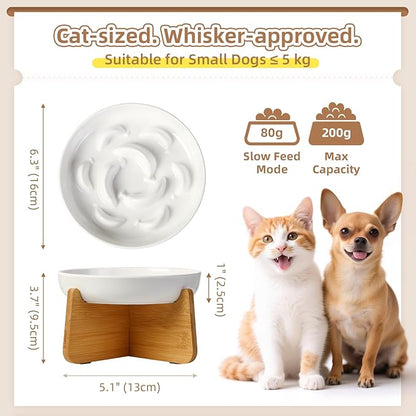 Elevated Slow Feeder Cat Bowl - Melamine Cat Food Plate with Anti-Slip Bamboo Stand - Whisker Friendly Feeding Bowl - Raised Maze Dish for Slow Eating - Ivory White
