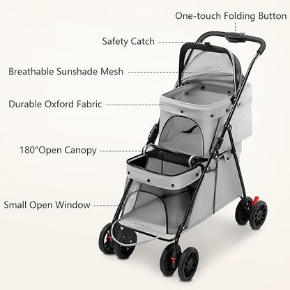 Double Pet Stroller for Medium Small Dogs and Cats with 2 Carriage, Durable Universal Wheels with Brakes Lightweight One Hand Foldale Kittens Puppies Travel Strolling Cart (Gray)
