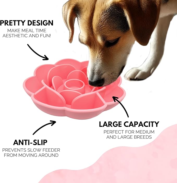 Rose Slow Feeder Dog Bowl for Medium & Large Dogs, Silicone Anti-Gulping Dog Feeder with Suction Base, Non-Slip Slow Eating Design (Pink)