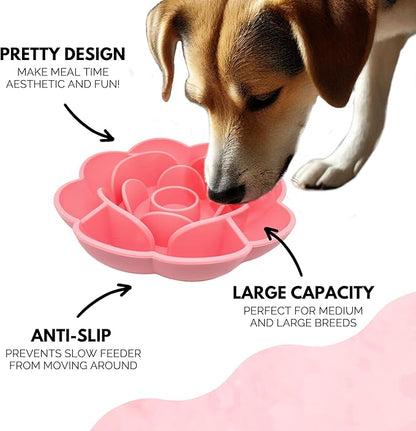 Rose Slow Feeder Dog Bowl for Medium & Large Dogs, Silicone Anti-Gulping Dog Feeder with Suction Base, Non-Slip Slow Eating Design (Pink)