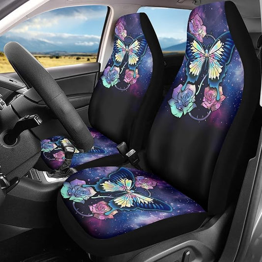 Galaxy Blue Butterfly Print Car Seat Covers for Women,Universal Front Seats Protector Fit for Car,SUV Sedan,Truck,Easy to Install
