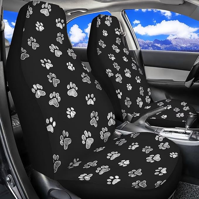 Dreaweet White Dog Paw Print Car Seat Covers for Women 2 Front Set Cute Car Accessories Washable Front Seat Cover Universal Fit Most Vehicle SUV Sedan Trucks