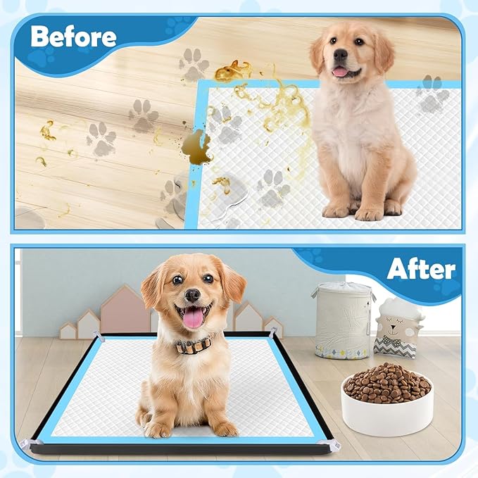 Dog Pee Pad Holder, 2 Pack Dog Potty Tray Silicone Puppy Pad Holder Tray Fits for 24" x 24" Training Pads, Puppy Potty Tray with 8 Clamps No Spill Raised Lip High Edge for Floor Protection (Black)