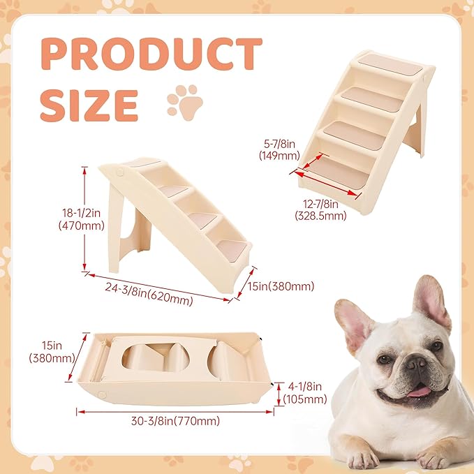 KUAFU Dog Stairs for Small Dogs Cats 18.5" H 4-Steps Folding Pet Steps for Couch Sofa and Bed PP Plastic