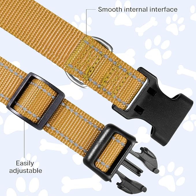 FunTags Reflective Dog Collar, Sturdy Nylon Collars for Small Girl and Boy Dogs, Adjustable Dog Collar with Quick Release Buckle, Khaki
