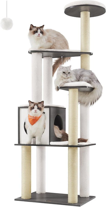 Feandrea Cat Tree, 65-Inch Modern Cat Tower for Indoor Cats, Multi-Level Cat Condo with 5 Scratching Posts, Perch, Washable Removable Cushions, Cat Furniture, Misty Gray UPCT166G03
