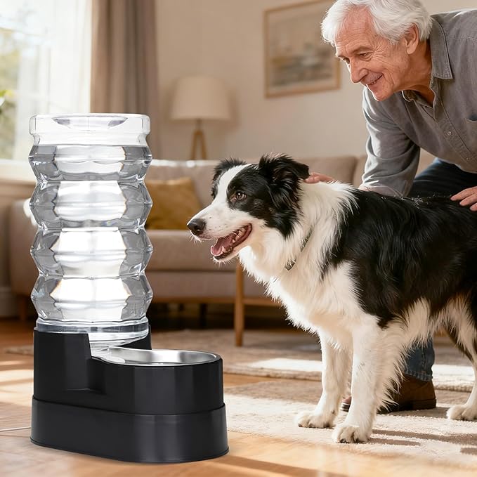 RIZZARI 9L Dog Water Dispenser:Black Stainless Steel Automatic Gravity Feeder -Removes Odors -Softens Water-Helps Prevent Urinary Stones -Extends Lifespan -for Active Dog Owners &Home Garage Balcony