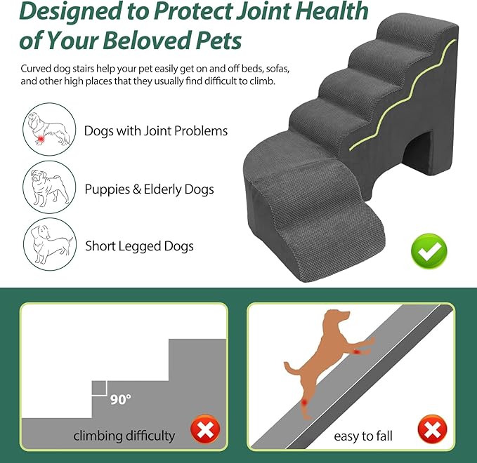 6 Tier Dog Stairs/Steps for High Bed, 27.5”H Non-Slip Pet Stairs Adjust to Left Side of Bed, Pet Steps for Small Dogs, Old Pets, and Injured Dogs, Dark Gray
