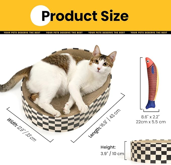 Cat Scratcher Bed,2 in 1 Oval Cat Scratching Board for Indoor,Scratch Pad Corrugated Cardboard Lounge Bowl Nest Couch Sofas for Kitty Play&Rest,Holiday Birthday Gift with Kittens Toy Fish