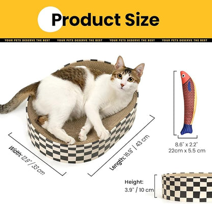 Cat Scratcher Bed,2 in 1 Oval Cat Scratching Board for Indoor,Scratch Pad Corrugated Cardboard Lounge Bowl Nest Couch Sofas for Kitty Play&Rest,Holiday Birthday Gift with Kittens Toy Fish