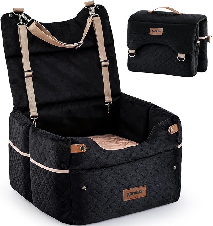 ZOMISIA Elevated Dog Car Seat for Medium Dogs, 3 Adjustable Heights with 2 Egg Crate Foam Boosters 4"+2", Dual-Sided Cooling&Plush Waterproof Cover, 2 Safety Leashes & Buckles, Black