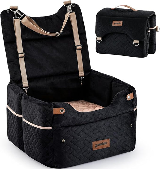 ZOMISIA Elevated Dog Car Seat for Medium Dogs, 3 Adjustable Heights with 2 Egg Crate Foam Boosters 4"+2", Dual-Sided Cooling&Plush Waterproof Cover, 2 Safety Leashes & Buckles, Black